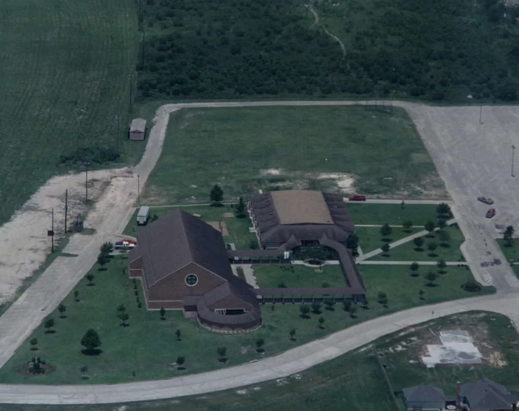 Aerial view of the Church & Family Center Buildings.